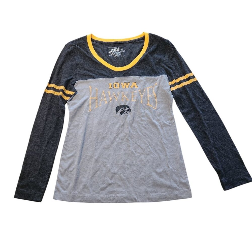 Iowa Hawkeyes T-Shirt Long Sleeve Campus‎ Heritage Womens Medium Gray Yellow NEW